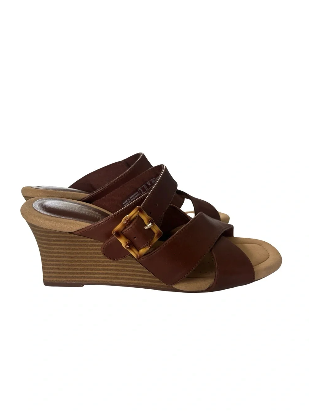 Clark’s Collection Kyarra Judi Sandals Tan Wood Grain Wedge Womens Size 7.5